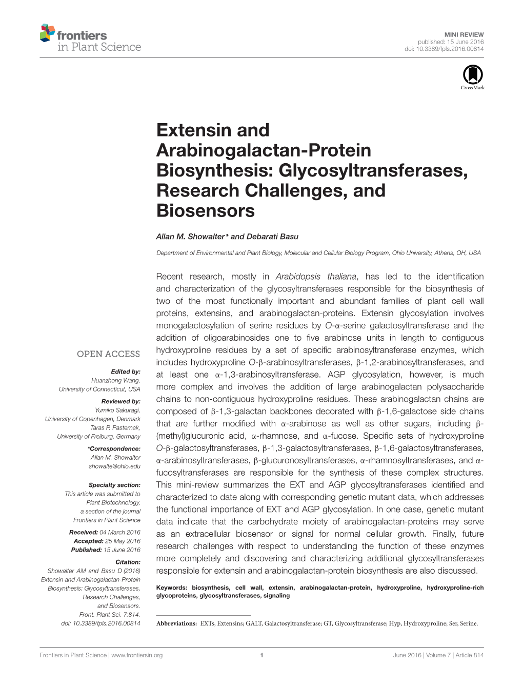 Extensin and Arabinogalactan-Protein Biosynthesis: Glycosyltransferases, Research Challenges, and Biosensors