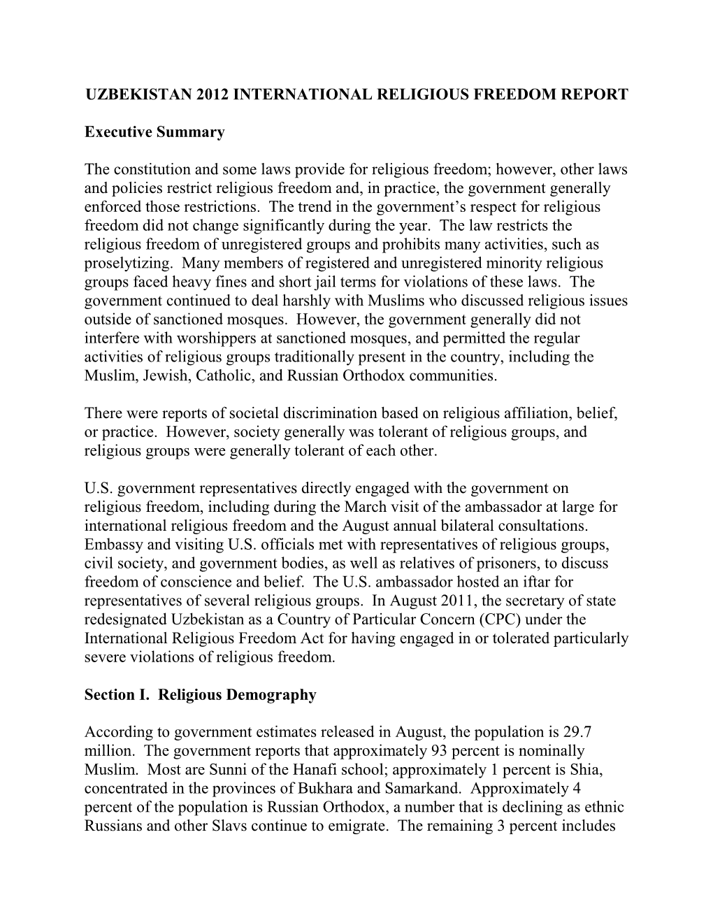 Uzbekistan 2012 International Religious Freedom Report