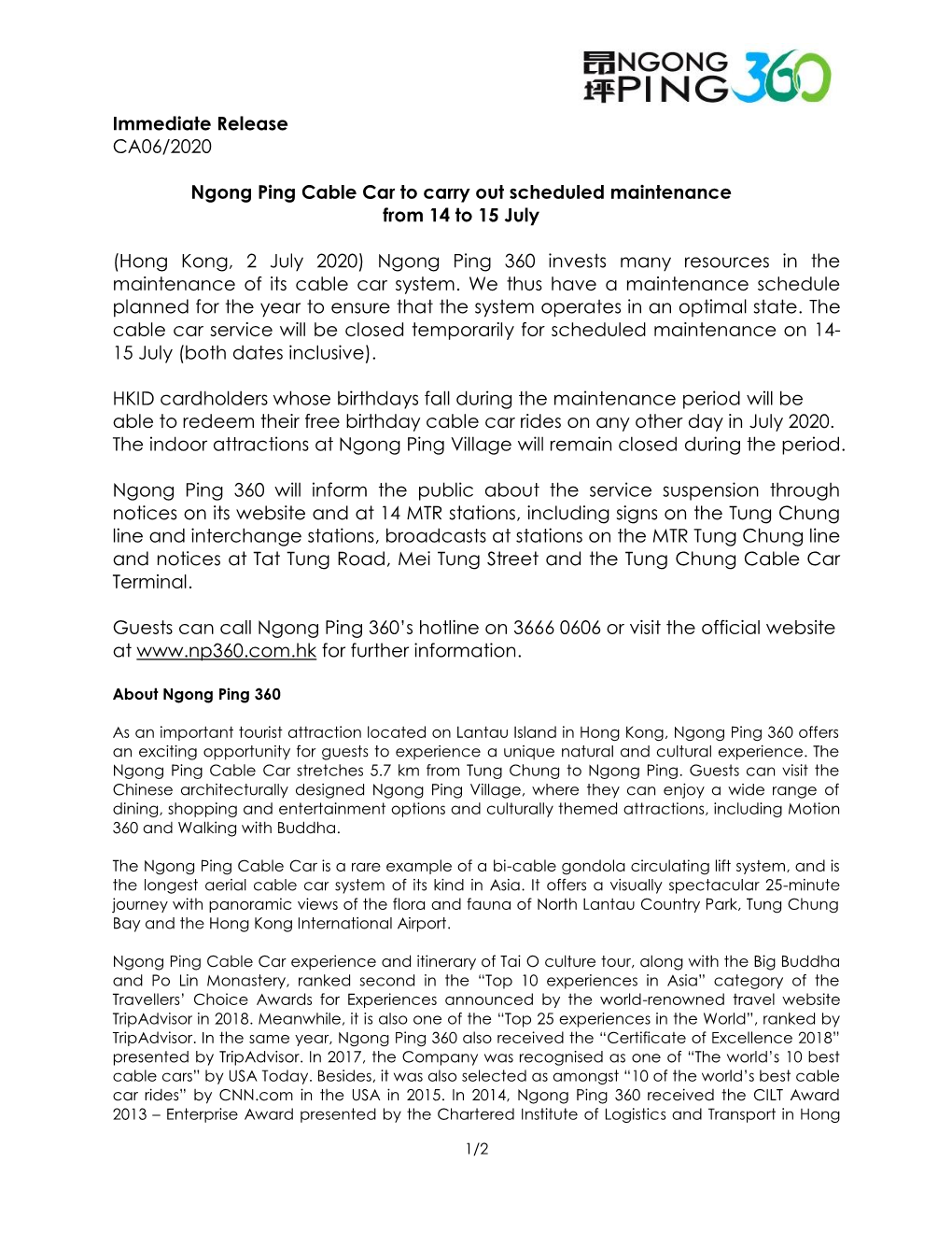 Immediate Release CA06/2020 Ngong Ping Cable Car to Carry Out