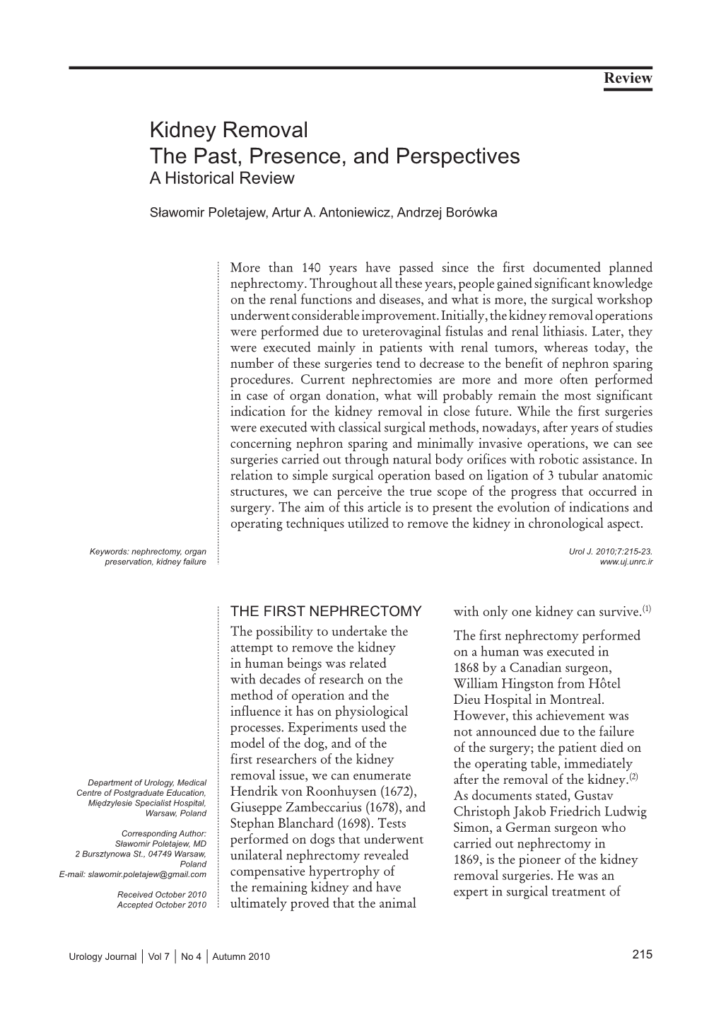 Kidney Removal the Past, Presence, and Perspectives a Historical Review