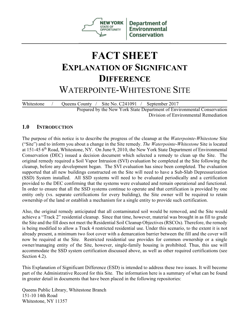 Explanation of Significant Difference Waterpointe-Whitestone Site
