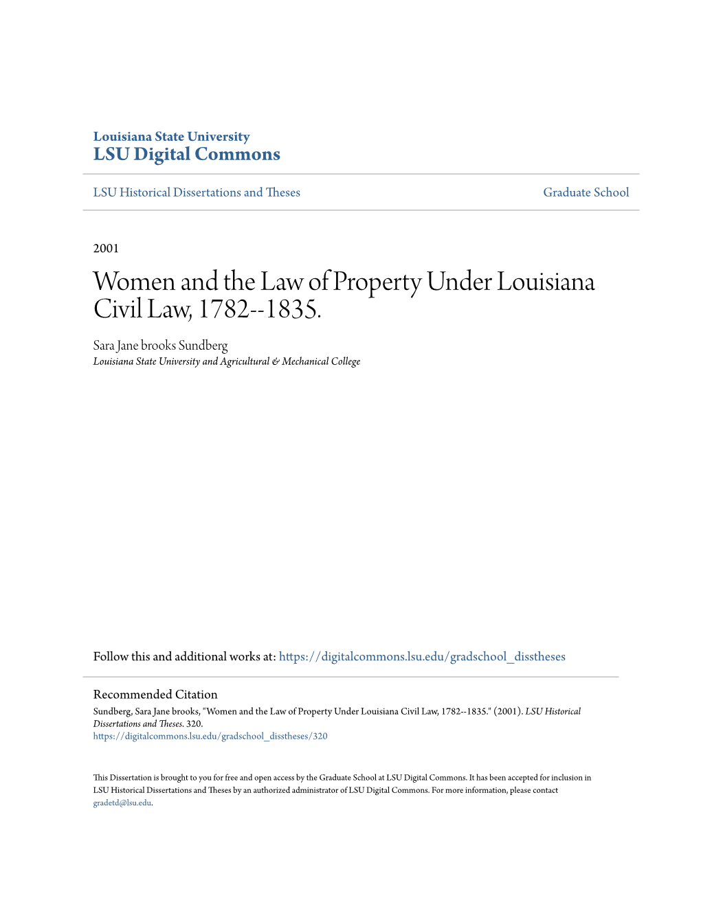 Women and the Law of Property Under Louisiana Civil Law, 1782--1835