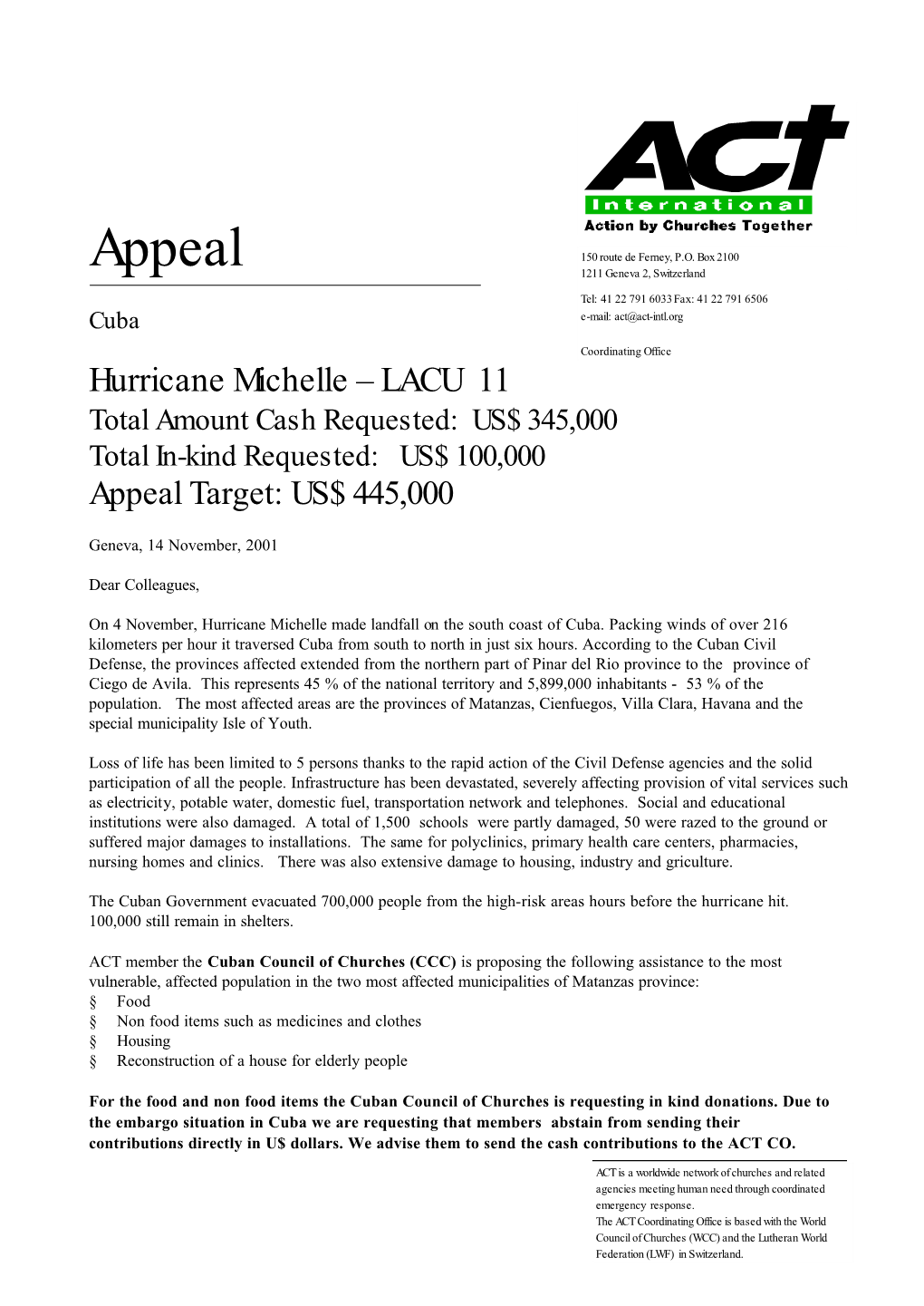 Appeal Cuba Hurricane Michelle