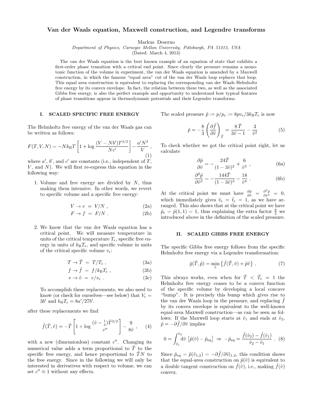 Van Der Waals Equation, Maxwell Construction, and Legendre Transforms