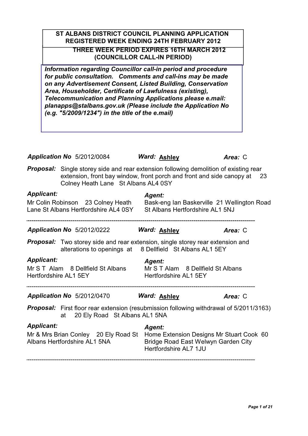 Planning Applications Please E.Mail: Planapps@Stalbans.Gov.Uk (Please Include the Application No (E.G