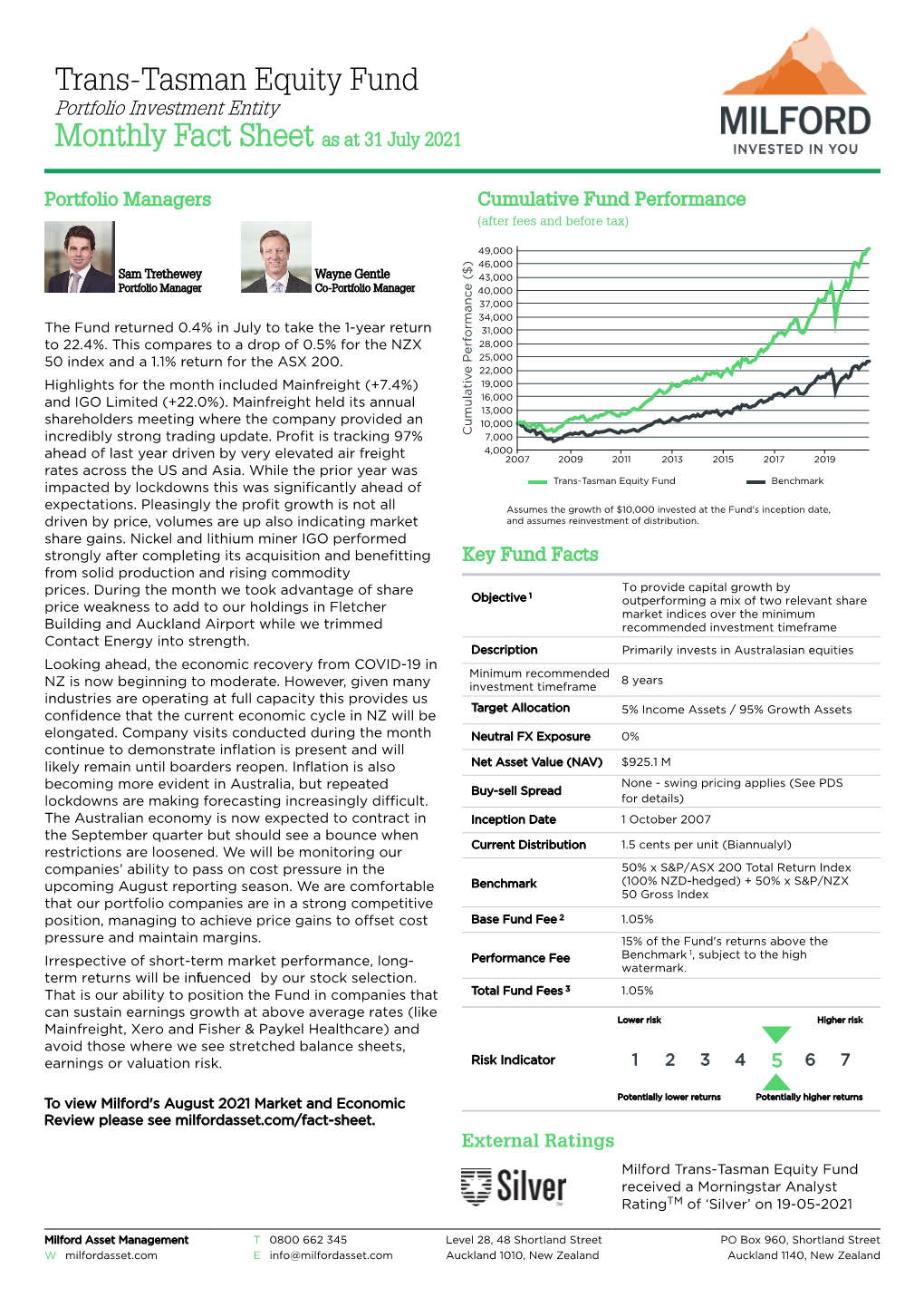 Trans-Tasman Equity Fund Monthly Fact Sheet As at 31 July 2021