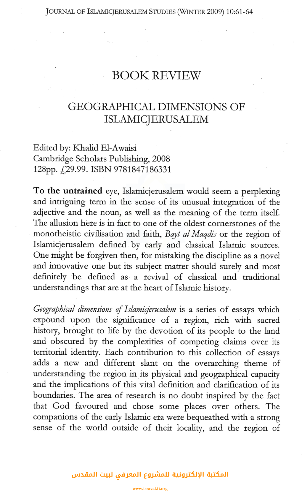 Geographical Dimensions of Islamicjerusalem