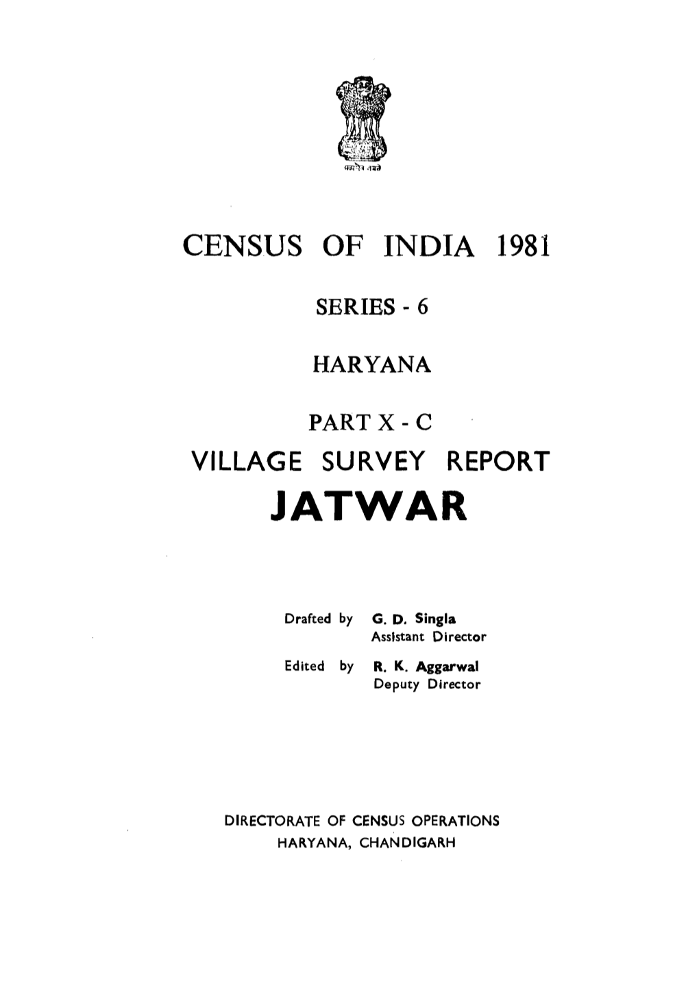 Village Survey Report Jatwar, Part X-C, Series-6, Haryana