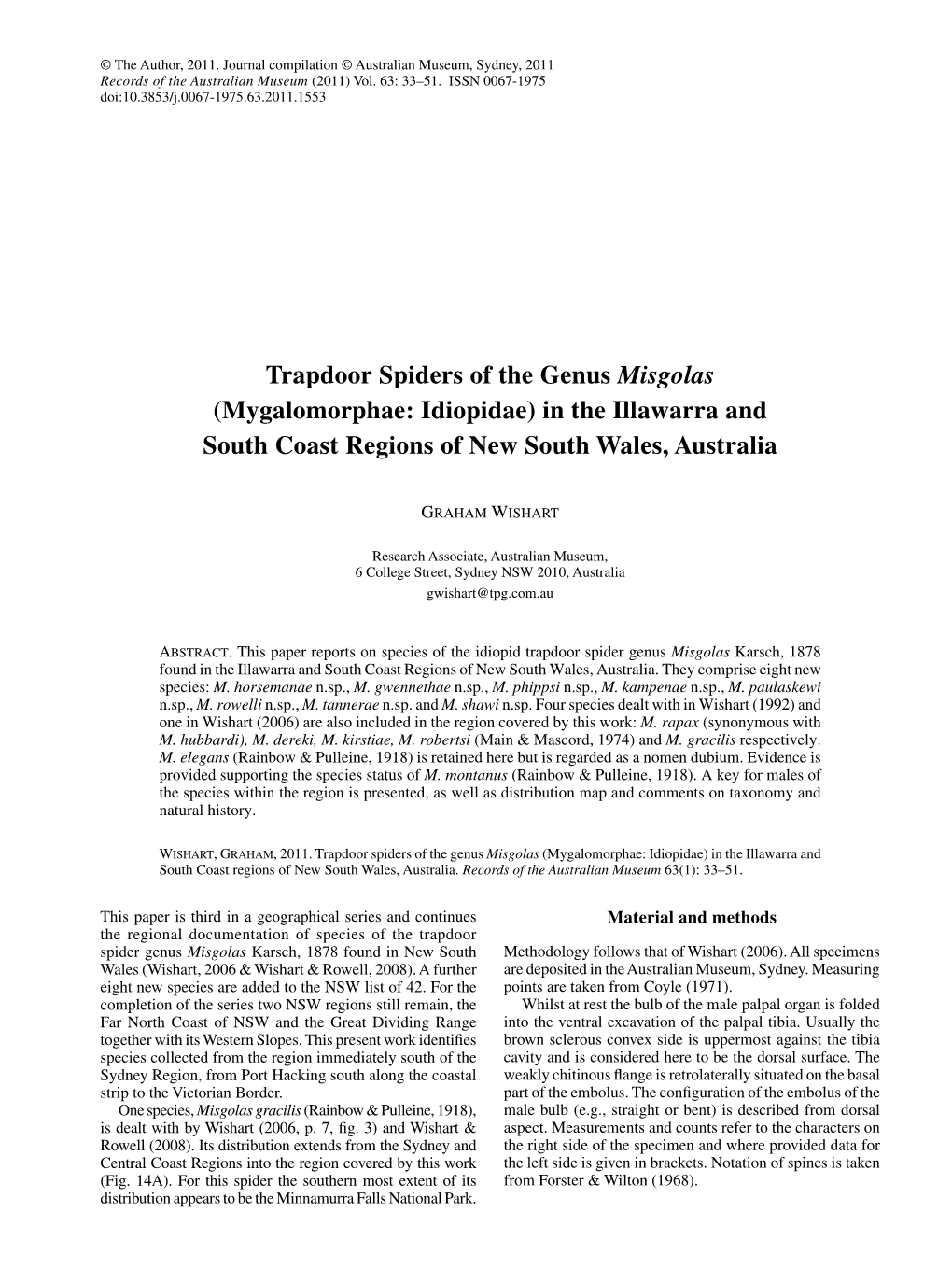 Trapdoor Spiders of the Genus Misgolas (Mygalomorphae: Idiopidae) in the Illawarra and South Coast Regions of New South Wales, Australia