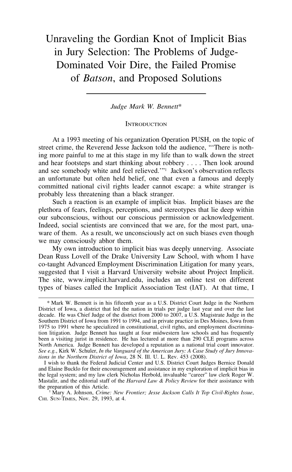 Unraveling the Gordian Knot of Implicit Bias in Jury Selection: the Problems of Judge- Dominated Voir Dire, the Failed Promise of Batson, and Proposed Solutions