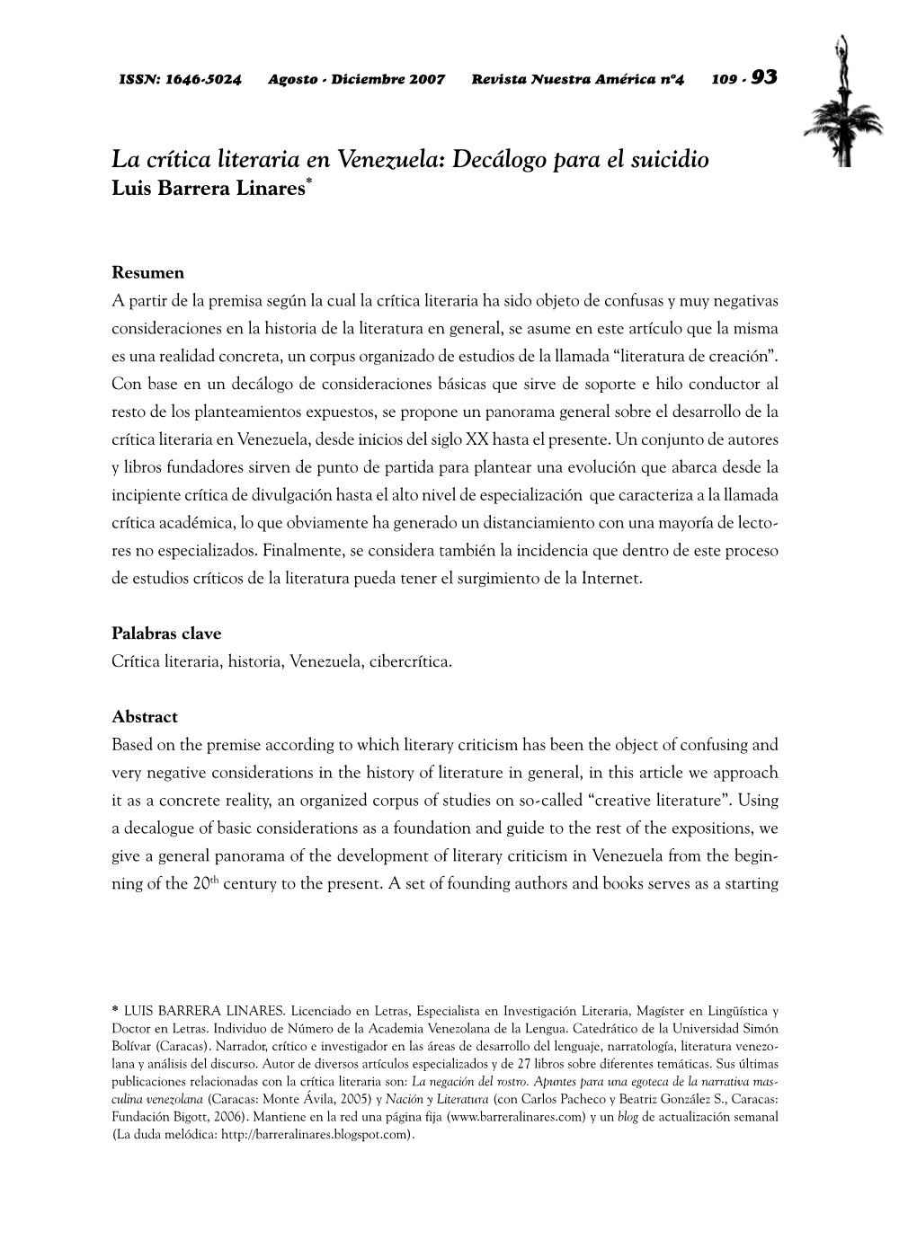 La Crítica Literaria En Venezuela: Decálogo Para El Suicidio Luis Barrera Linares*
