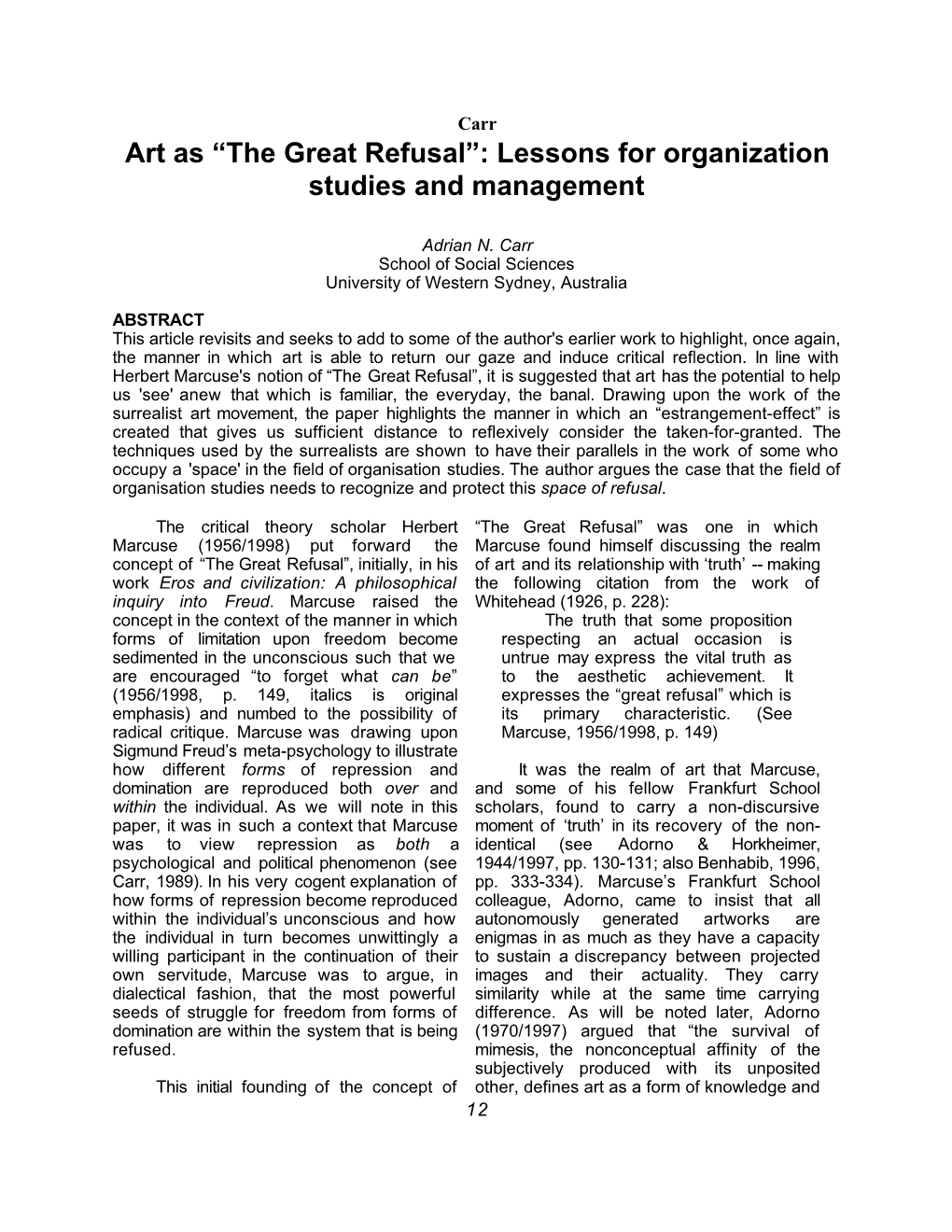 Art As “The Great Refusal”: Lessons for Organization Studies and Management