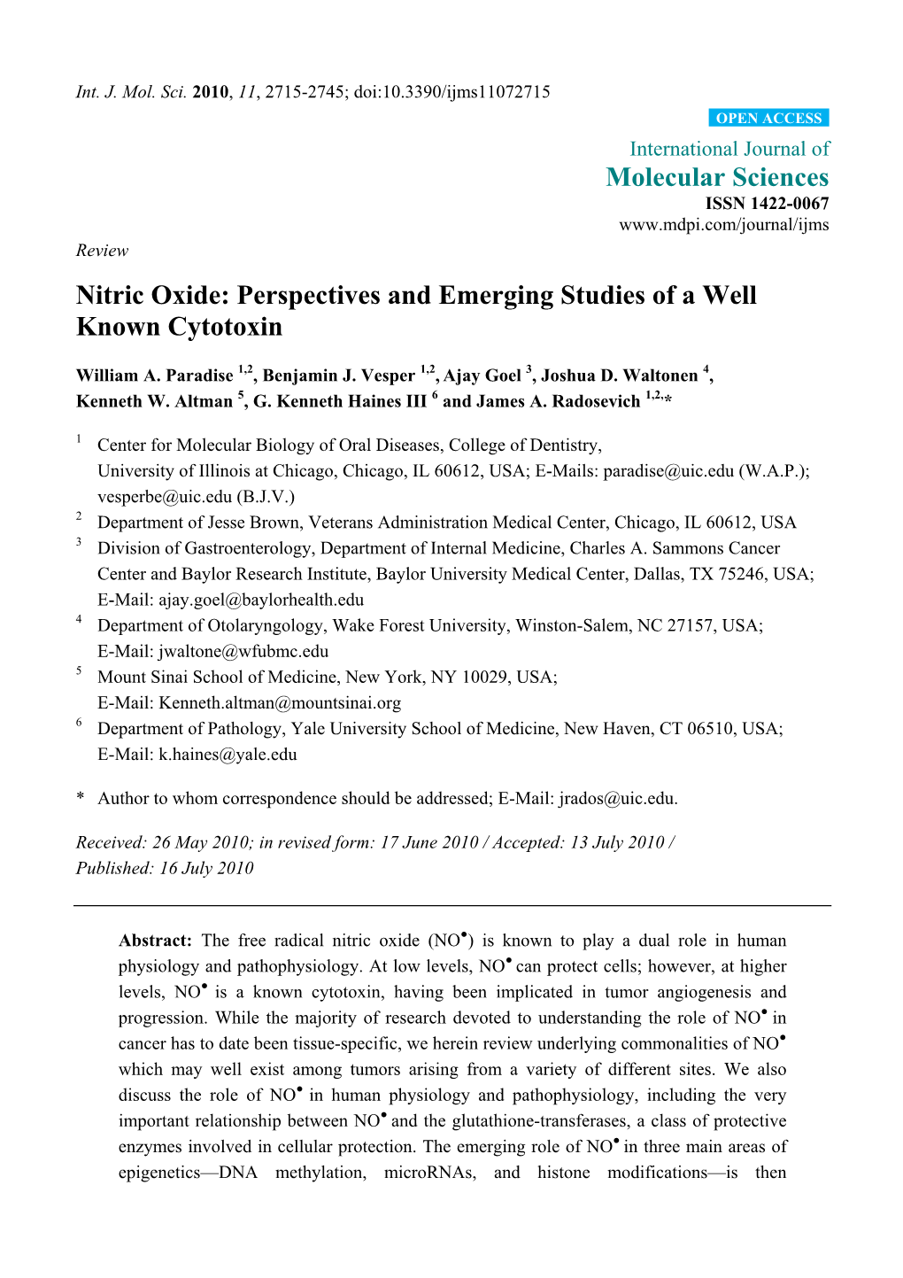 Nitric Oxide: Perspectives and Emerging Studies of a Well Known Cytotoxin