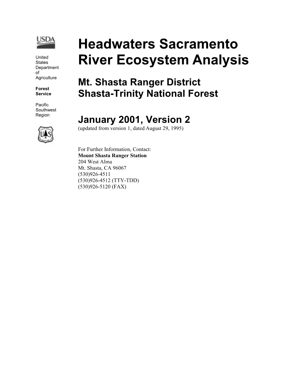 Headwaters Sacramento River Ecosystem Analysis - I Table of Contents