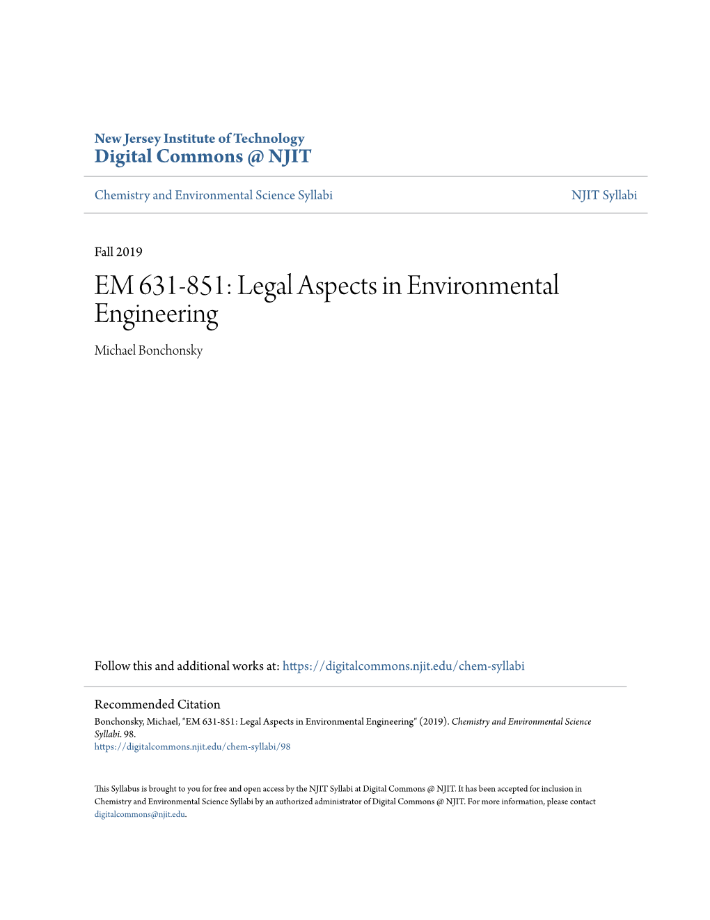 EM 631-851: Legal Aspects in Environmental Engineering Michael Bonchonsky