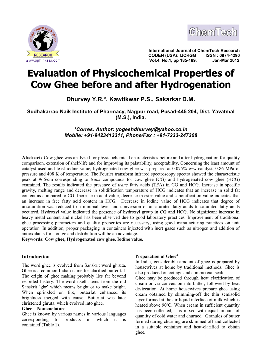 Evaluation of Physicochemical Properties of Cow Ghee Before and After Hydrogenation