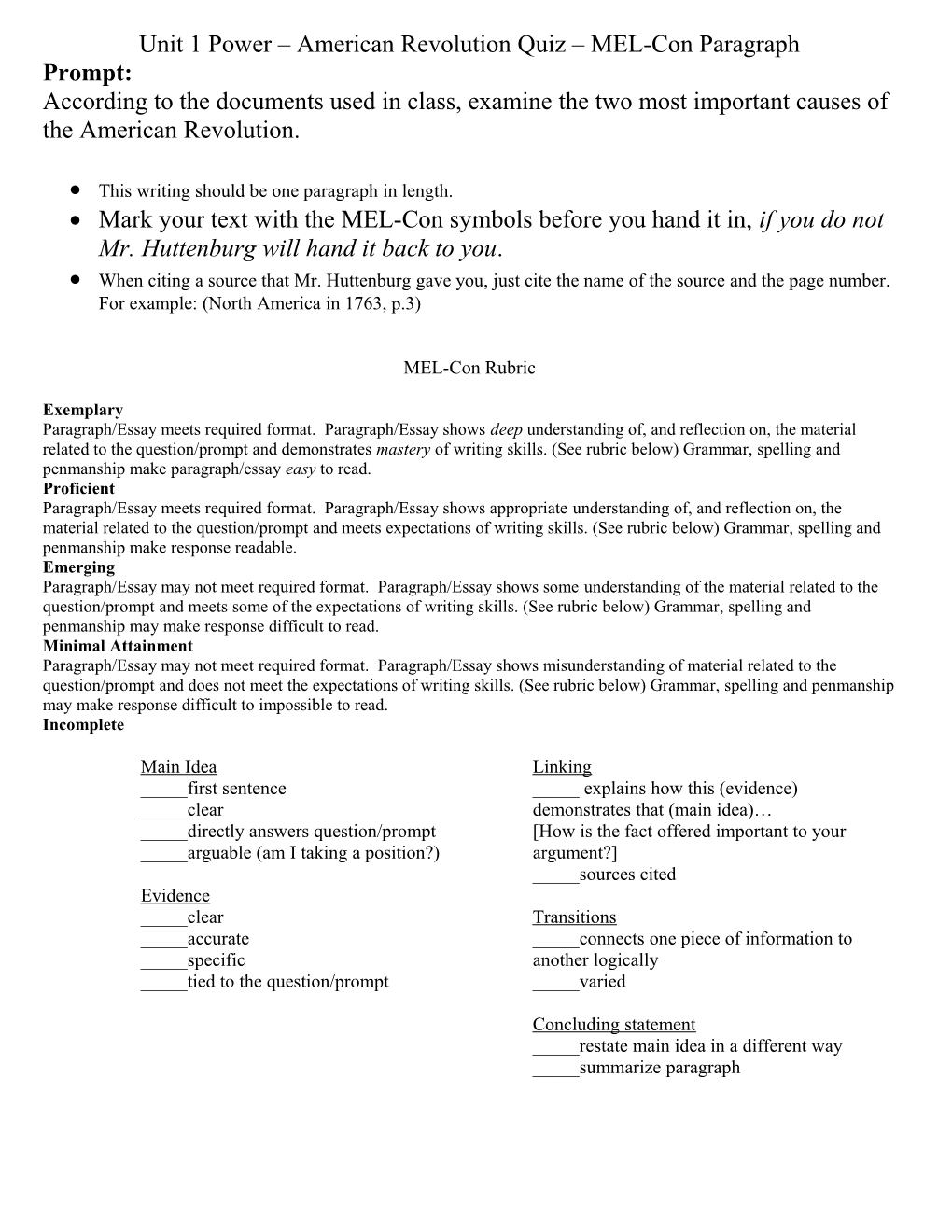 Unit 1 Power American Revolution Quiz MEL-Con Paragraph