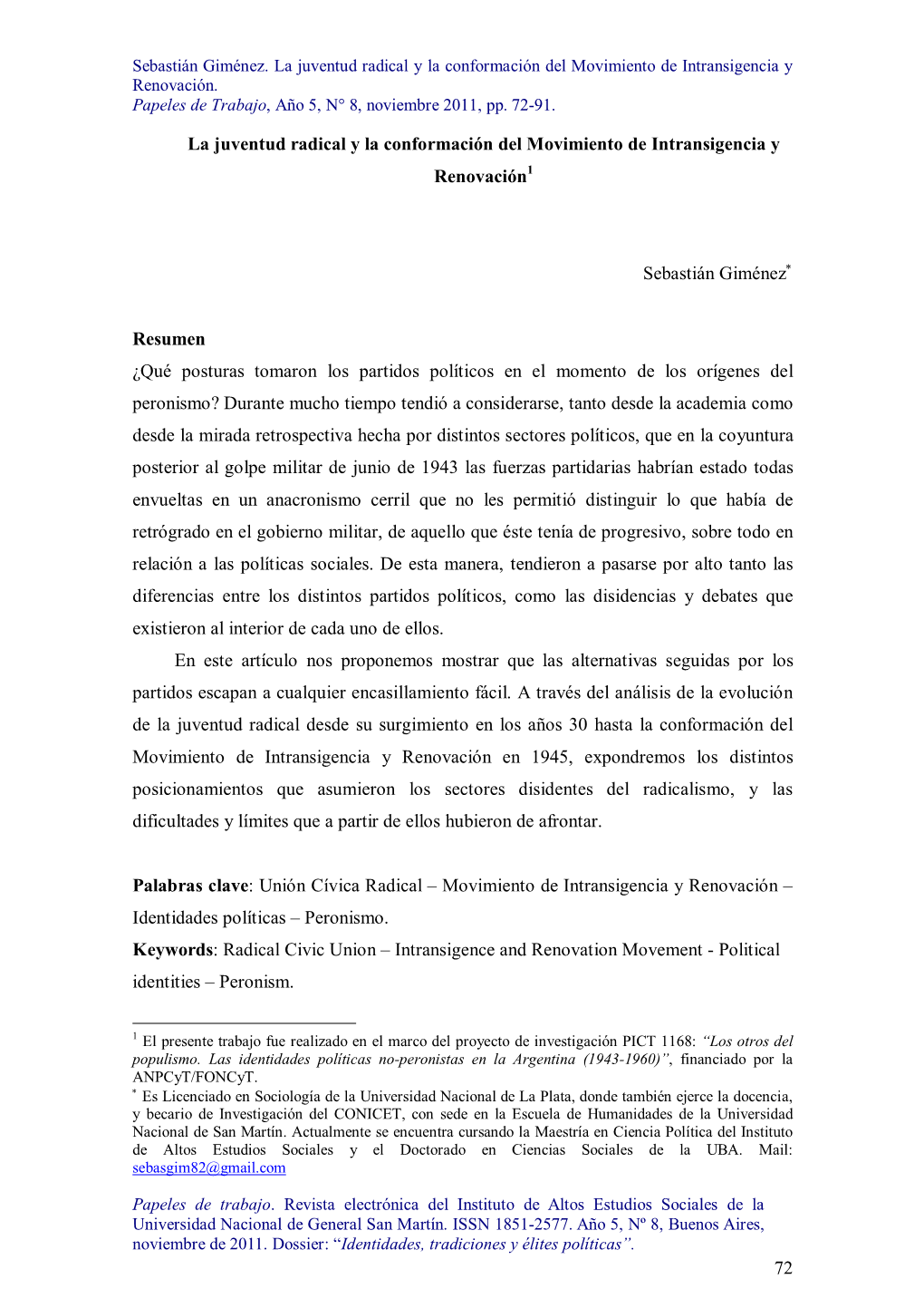 Sebastián Giménez. La Juventud Radical Y La Conformación Del Movimiento De Intransigencia Y Renovación