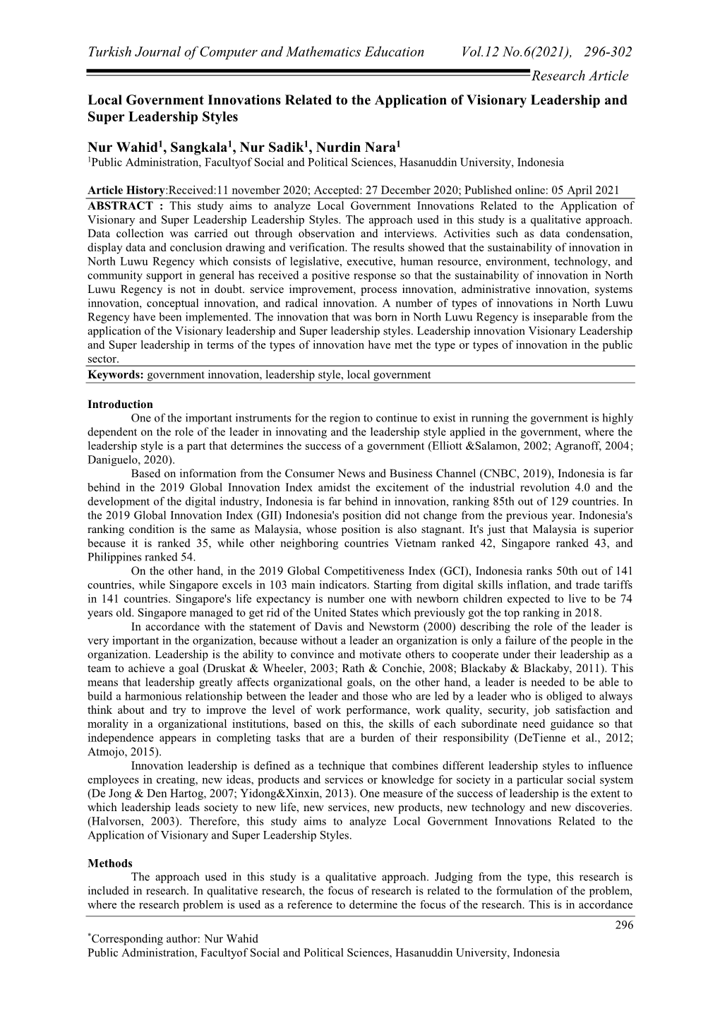 296-302 Research Article Local Government Innovations Related to the Application of Visionary Leadership and Super Leadership Styles