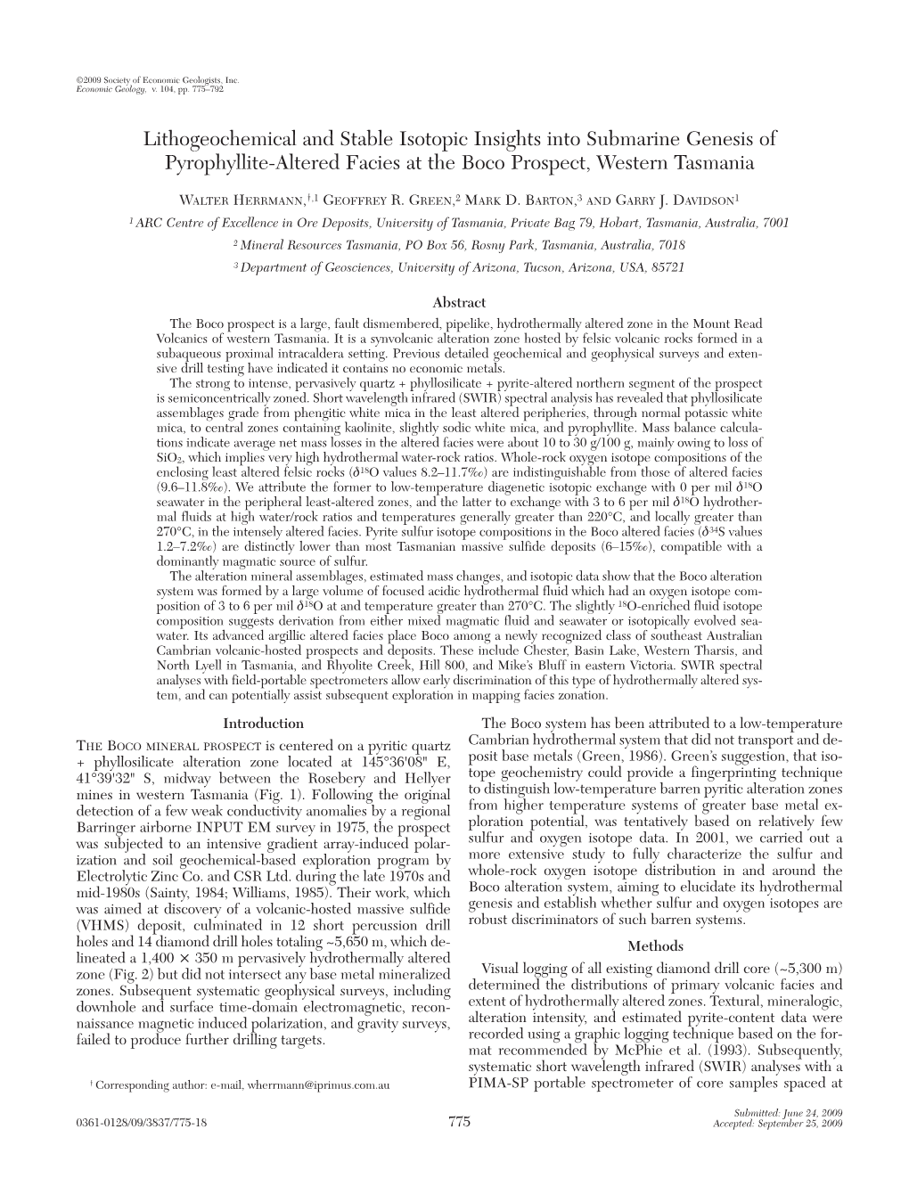 Lithogeochemical and Stable Isotopic Insights Into Submarine Genesis of Pyrophyllite-Altered Facies at the Boco Prospect, Western Tasmania