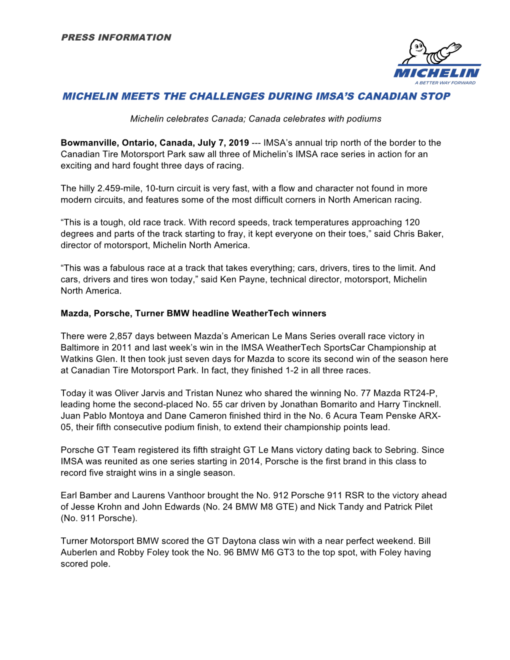 Michelin Meets the Challenges During Imsa's