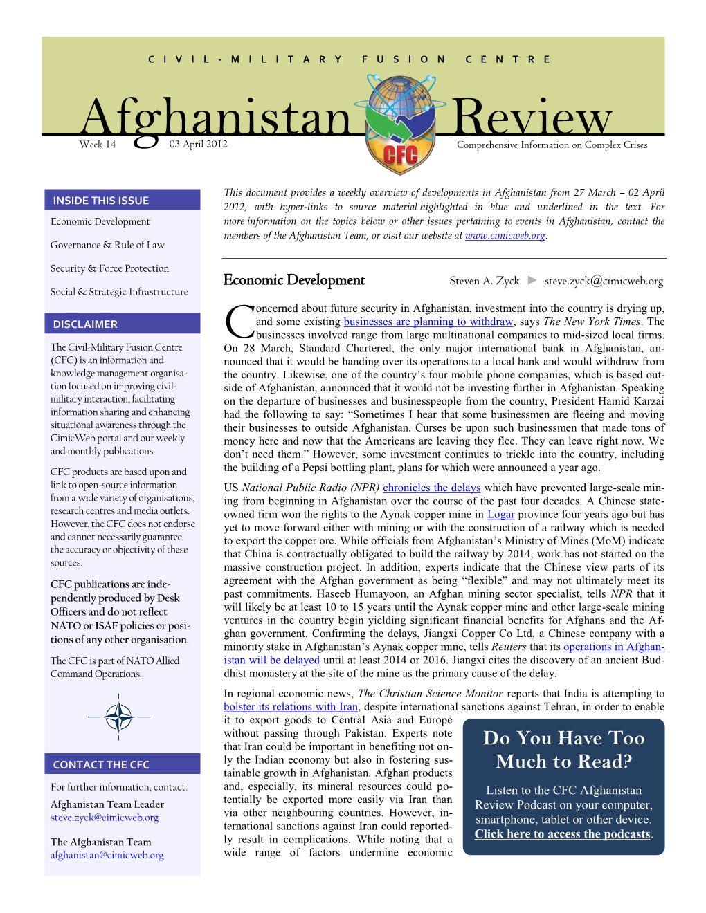 Afghanistan Review Week 14 03 April 2012 Comprehensive Information on Complex Crises