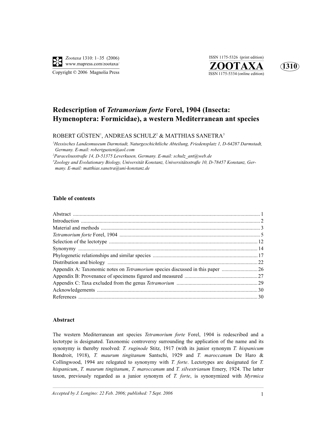 Zootaxa 1310: 1–35 (2006) ISSN 1175-5326 (Print Edition) ZOOTAXA 1310 Copyright © 2006 Magnolia Press ISSN 1175-5334 (Online Edition)