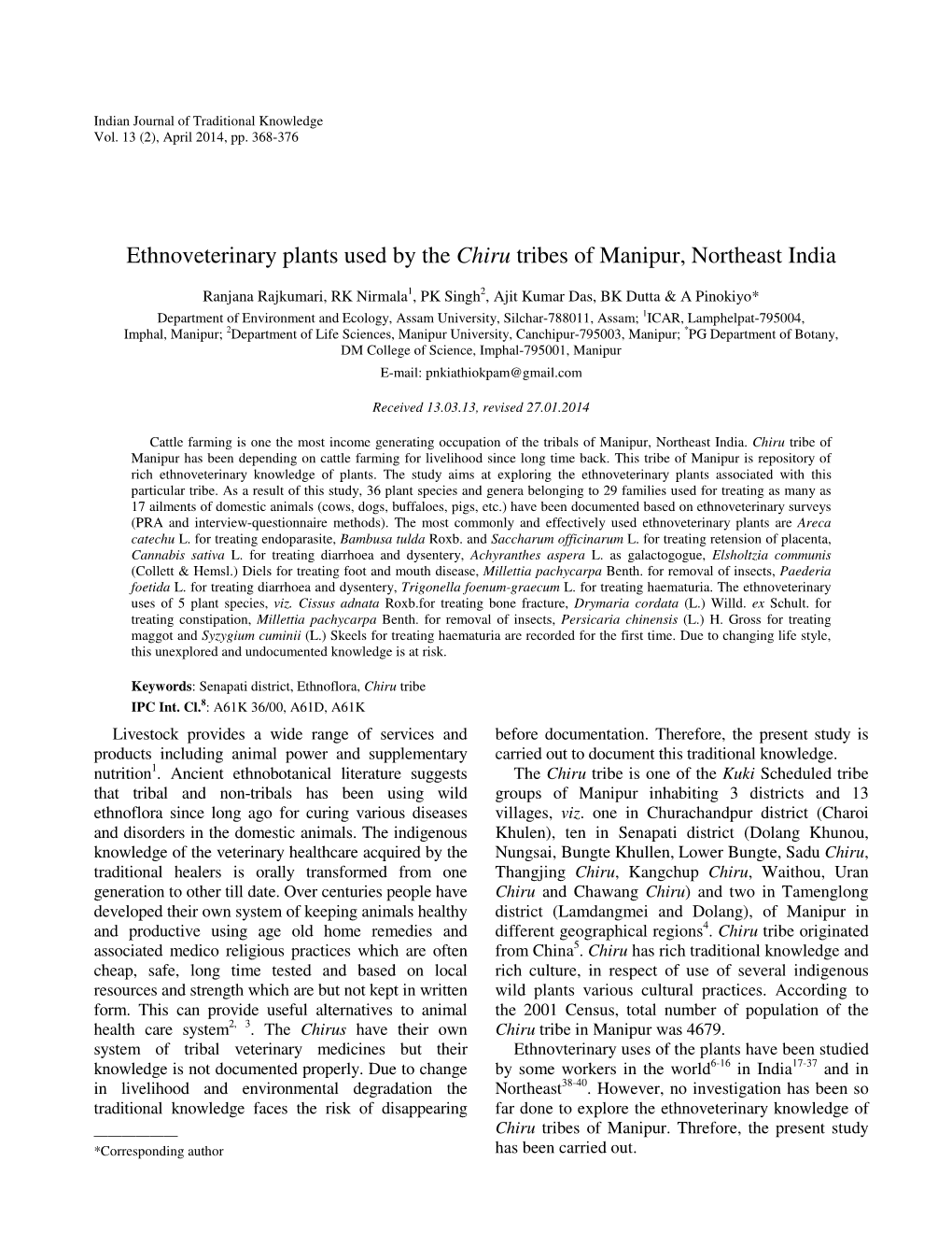 Ethnoveterinary Plants Used by the Chiru Tribes of Manipur, Northeast India