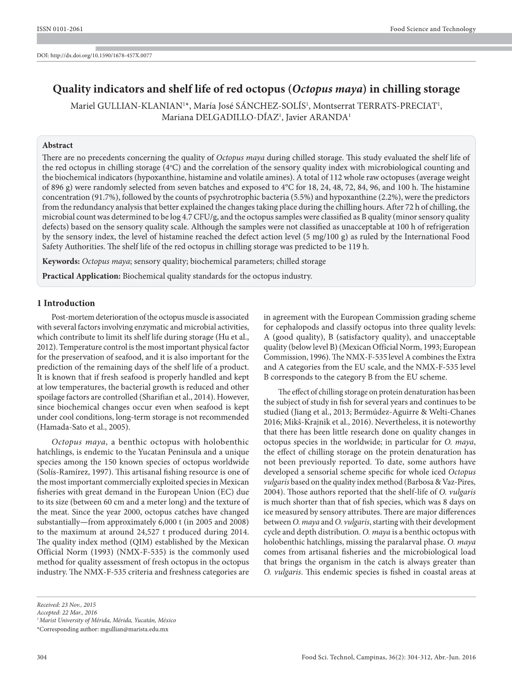 Quality Indicators and Shelf Life of Red Octopus (Octopus Maya) in Chilling