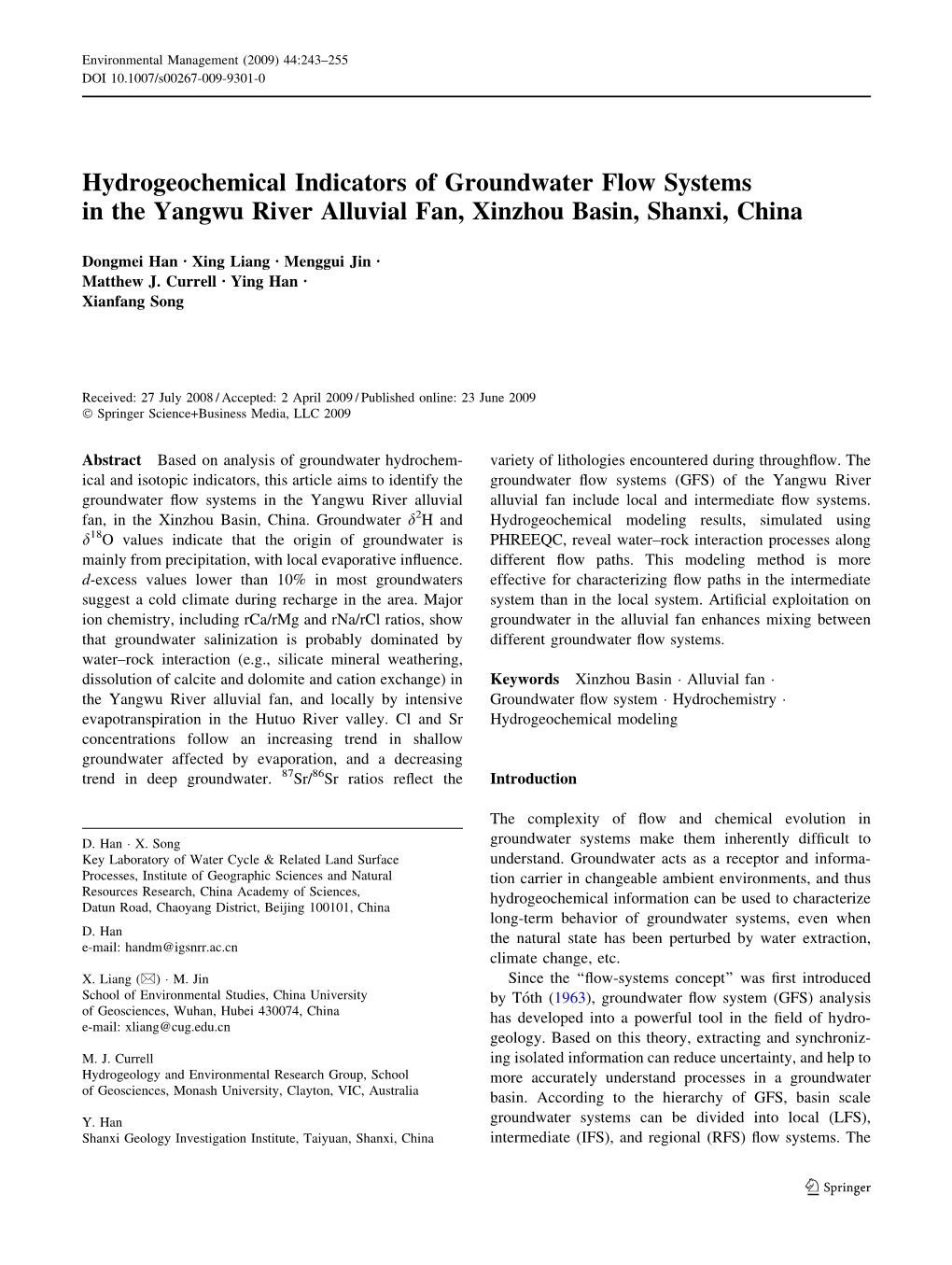 Hydrogeochemical Indicators of Groundwater Flow Systems in the Yangwu River Alluvial Fan, Xinzhou Basin, Shanxi, China