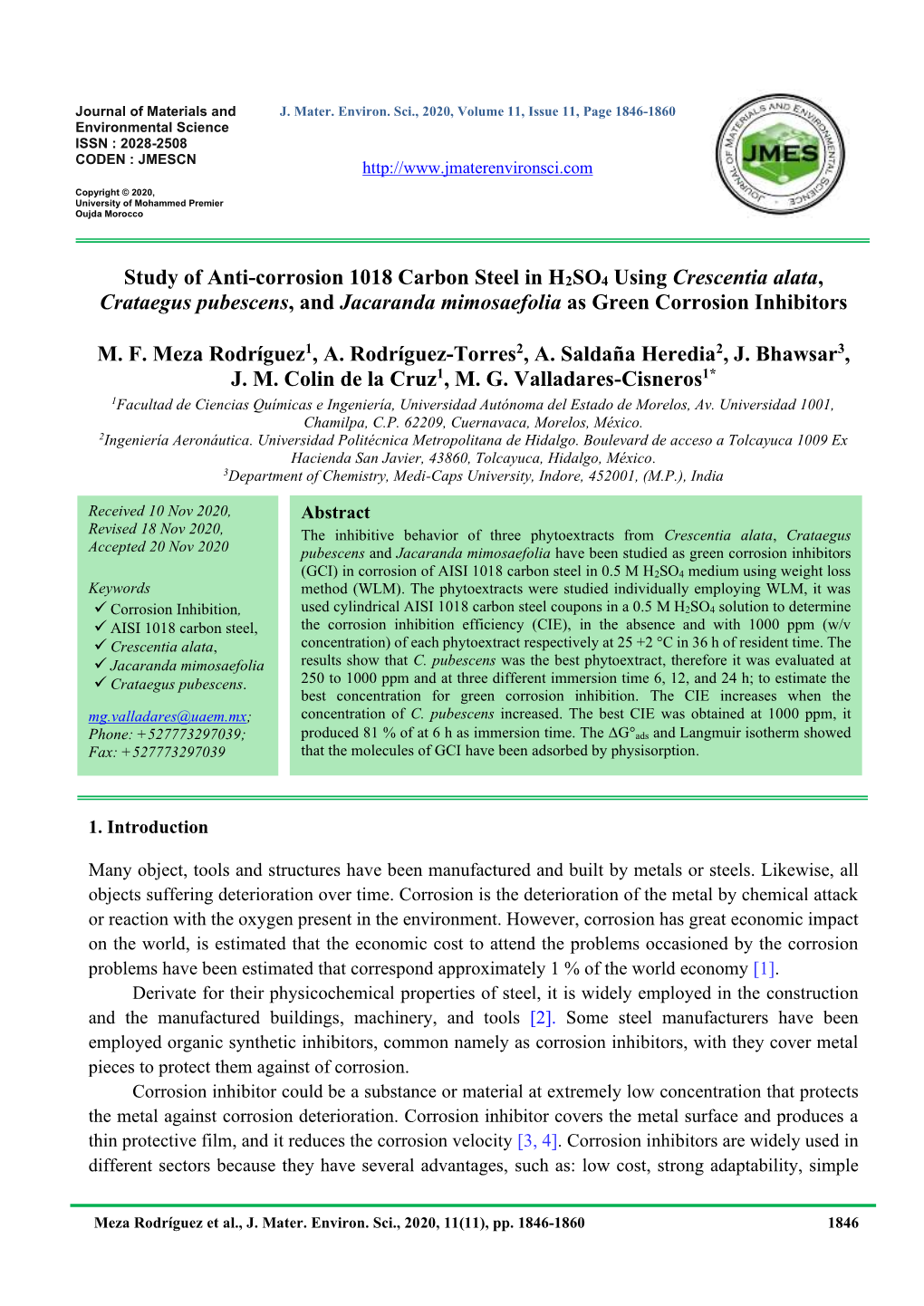 Study of Anti-Corrosion 1018 Carbon Steel in H2SO4 Using Crescentia Alata, Crataegus Pubescens, and Jacaranda Mimosaefolia As Green Corrosion Inhibitors