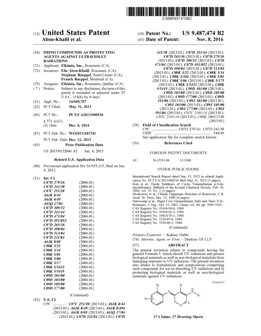 (12) United States Patent (10) Patent No.: US 9.487,474 B2 Abou-Khalil Et Al