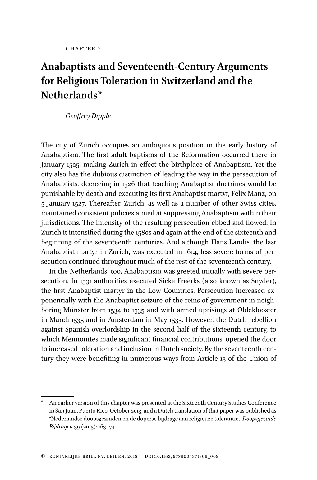 Anabaptists and Seventeenth-Century Arguments for Religious Toleration in Switzerland and the Netherlands*