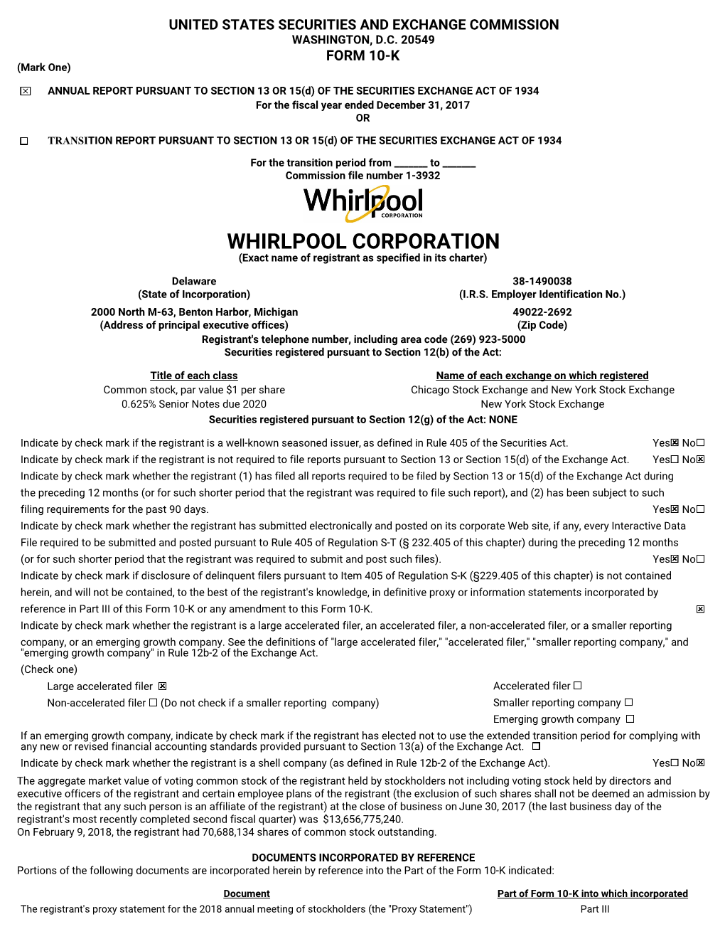 WHIRLPOOL CORPORATION (Exact Name of Registrant As Specified in Its Charter)