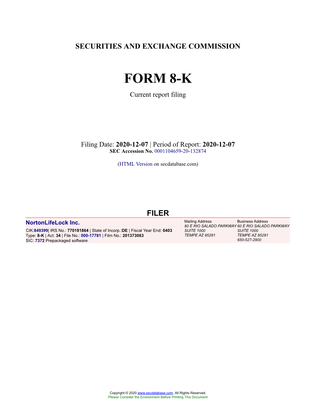 Nortonlifelock Inc. Form 8-K Current Event Report Filed 2020-12-07