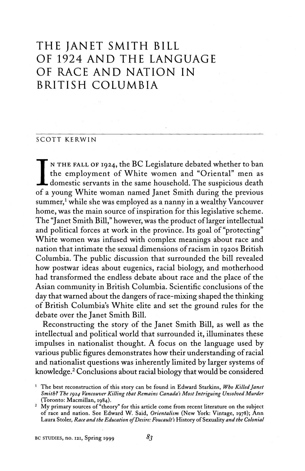 The Janet Smith Bill of 1924 and the Language of Race and Nation in British Columbia