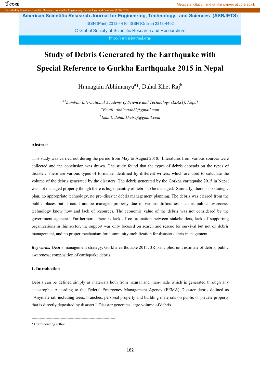 Study of Debris Generated by the Earthquake with Special Reference to Gurkha Earthquake 2015 in Nepal