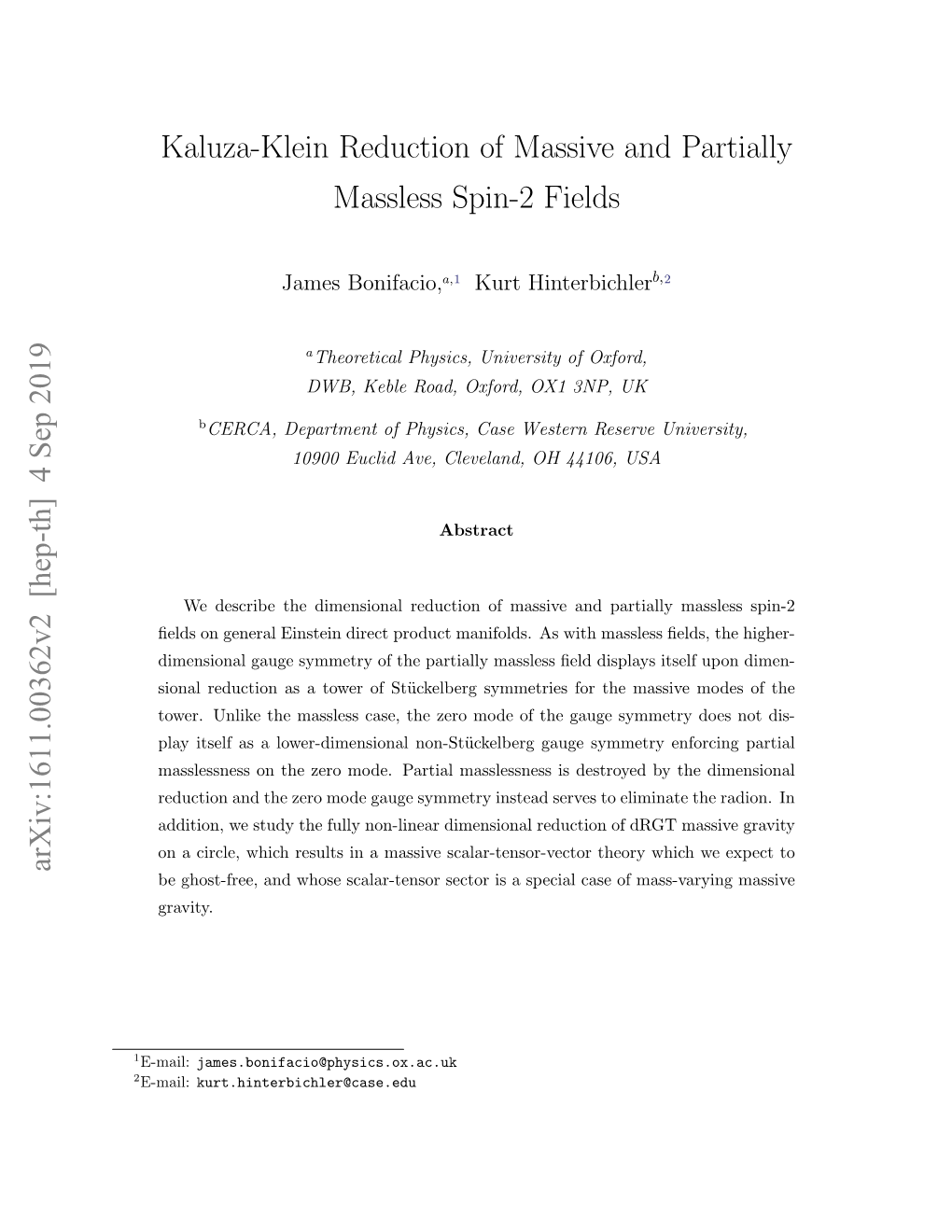 Kaluza-Klein Reduction of Massive and Partially Massless Spin-2 Fields Arxiv:1611.00362V2 [Hep-Th] 4 Sep 2019