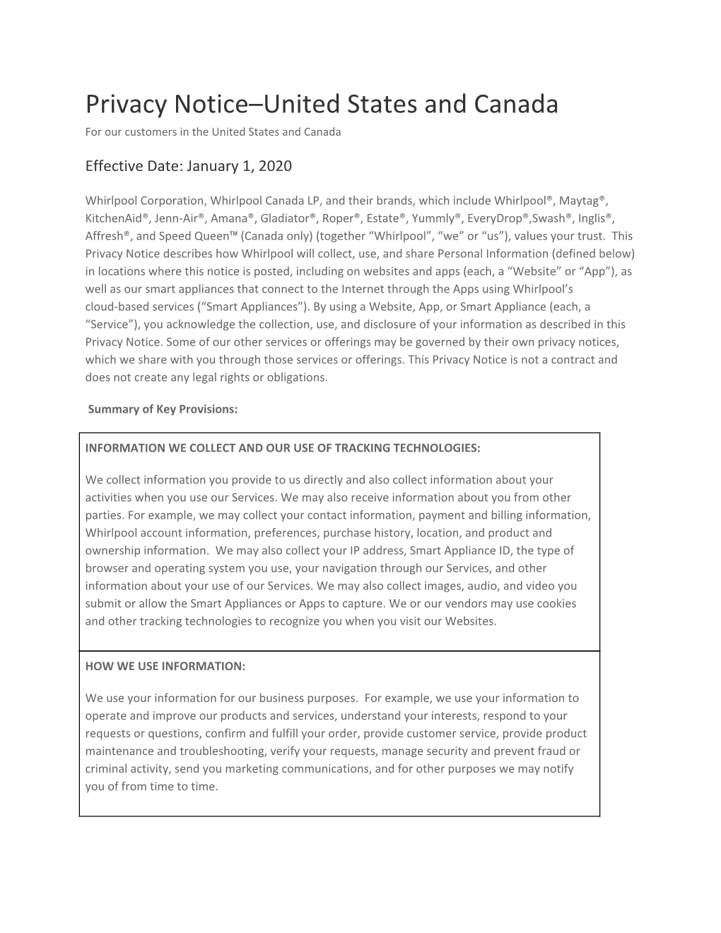 Privacy Notice–United States and Canada for Our Customers in the United States and Canada
