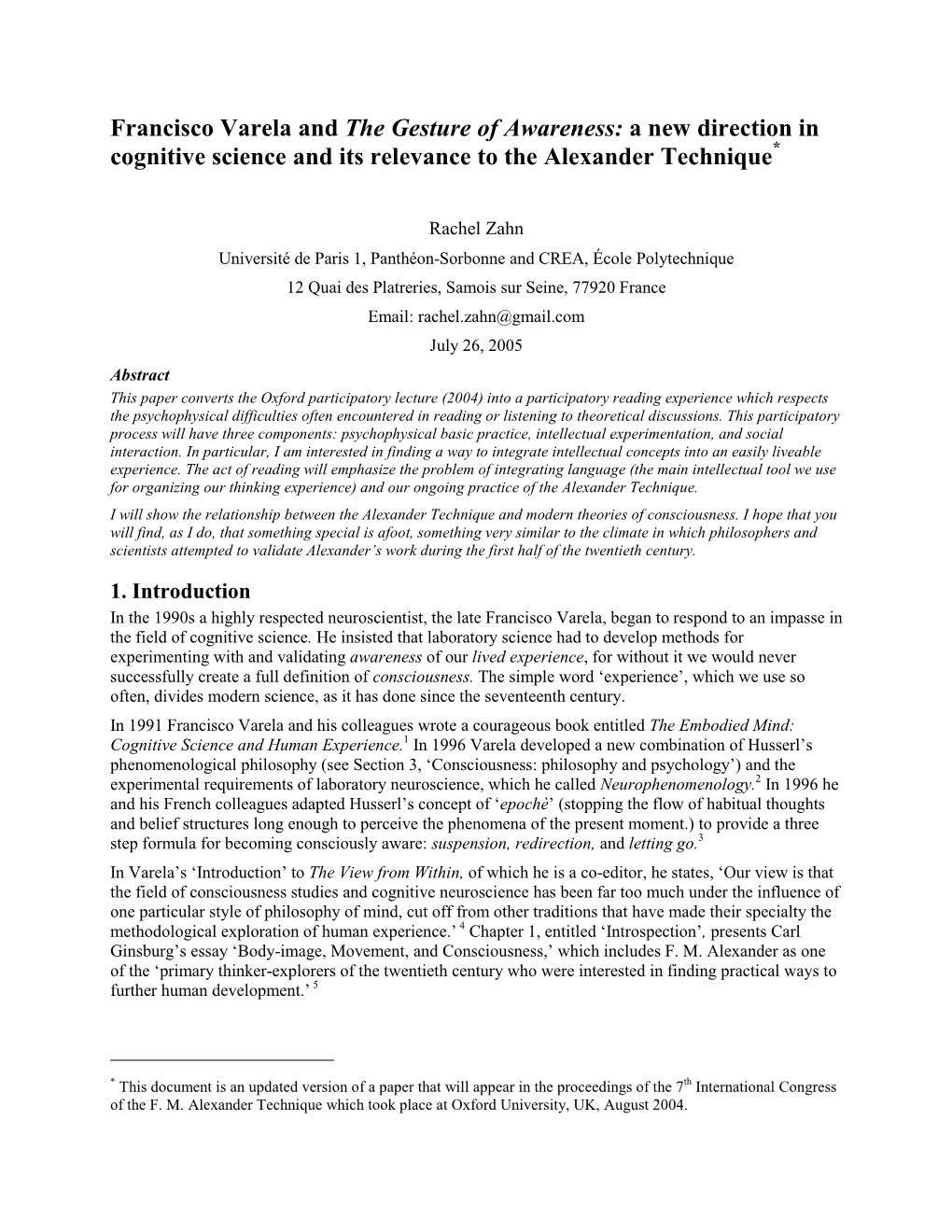 Francisco Varela and the Gesture of Awareness: a New Direction in Cognitive Science and Its Relevance to the Alexander Technique *