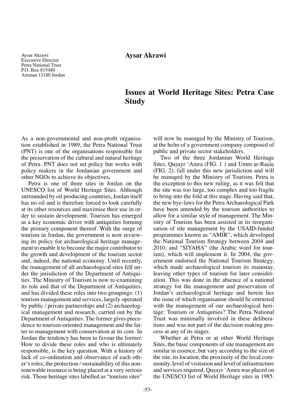 Issues at World Heritage Sites: Petra Case Study