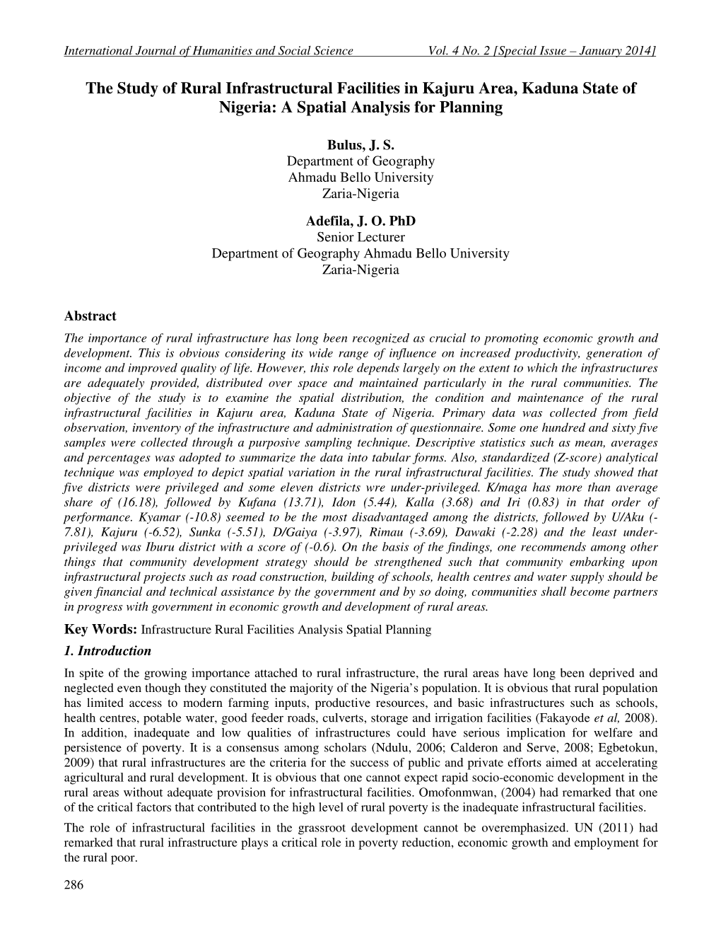 The Study of Rural Infrastructural Facilities in Kajuru Area, Kaduna State of Nigeria: a Spatial Analysis for Planning