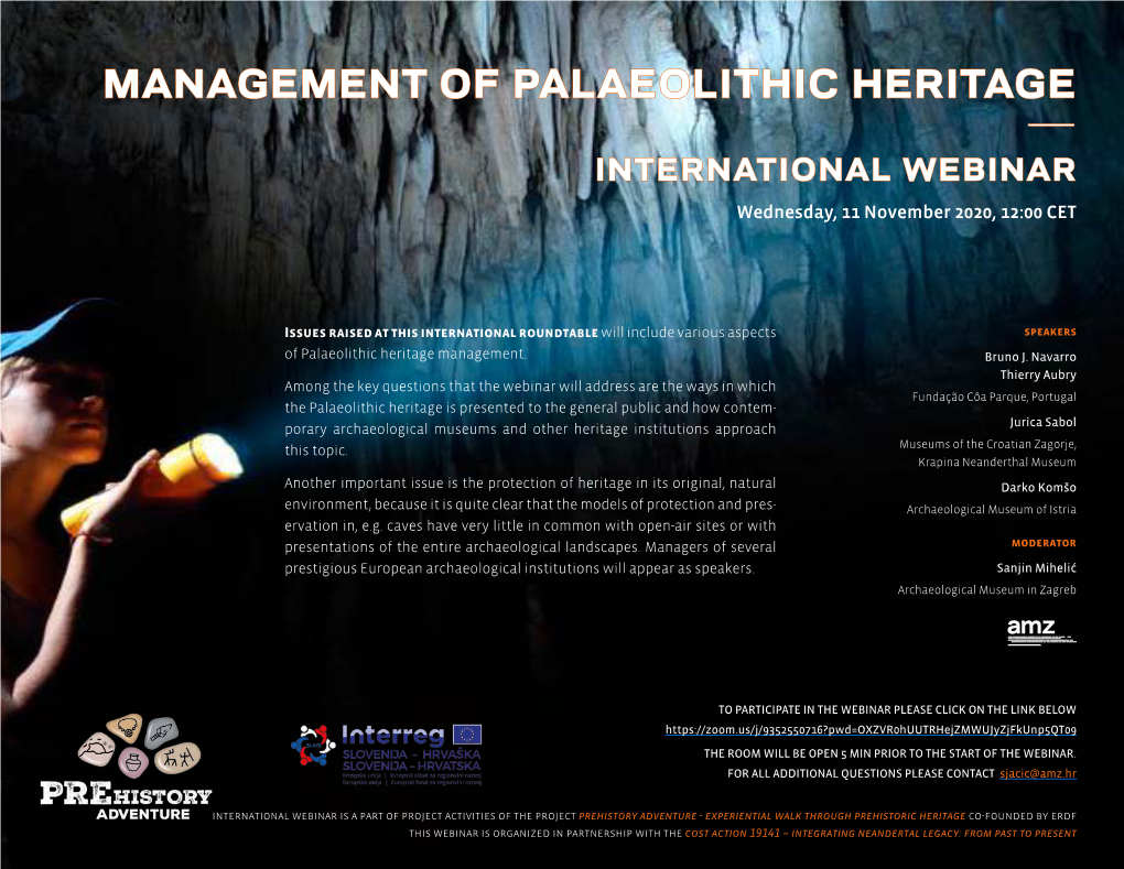 Management of Palaeolithic Heritage — International Webinar Wednesday, 11 November 2020, 12:00 CET