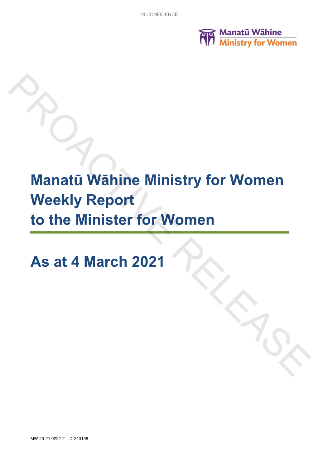 Manatū Wāhine Ministry for Women Weekly Report to the Minister for Women