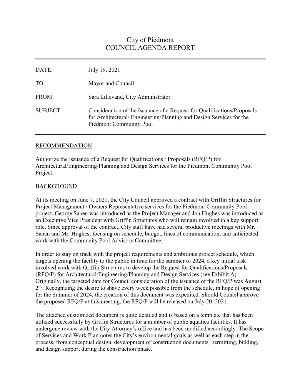 Consideration of the Issuance of a Request for Qualifications/Proposals for Architectural/ Engineering/Planning and Design Services for the Piedmont Community Pool