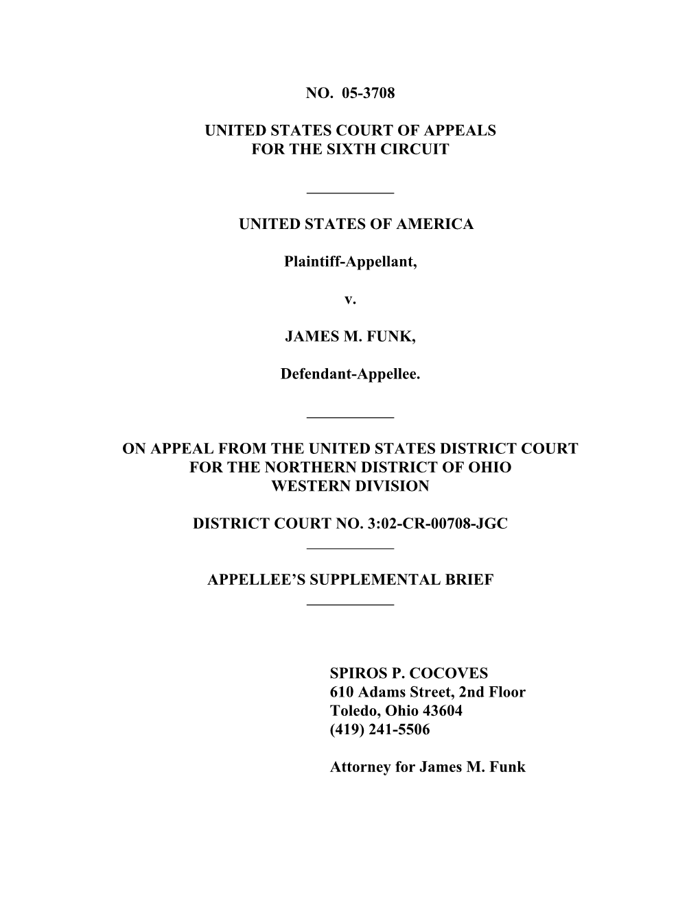 United States V. Funk, Appellee's Supplemental Brief