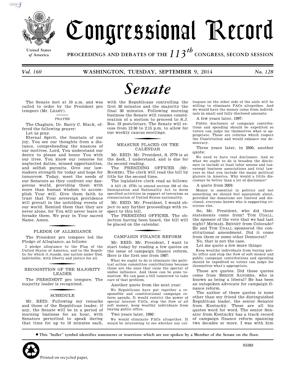 Congressional Record United States Th of America PROCEEDINGS and DEBATES of the 113 CONGRESS, SECOND SESSION