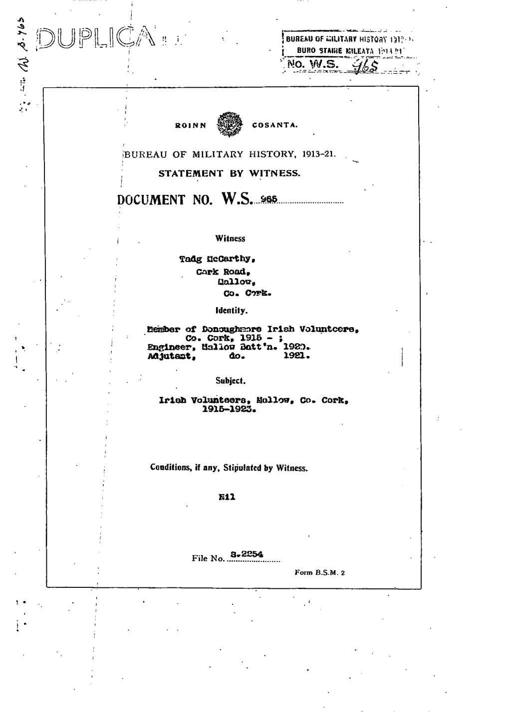 Roinn Bureau of Military History, 1913-21. Statement