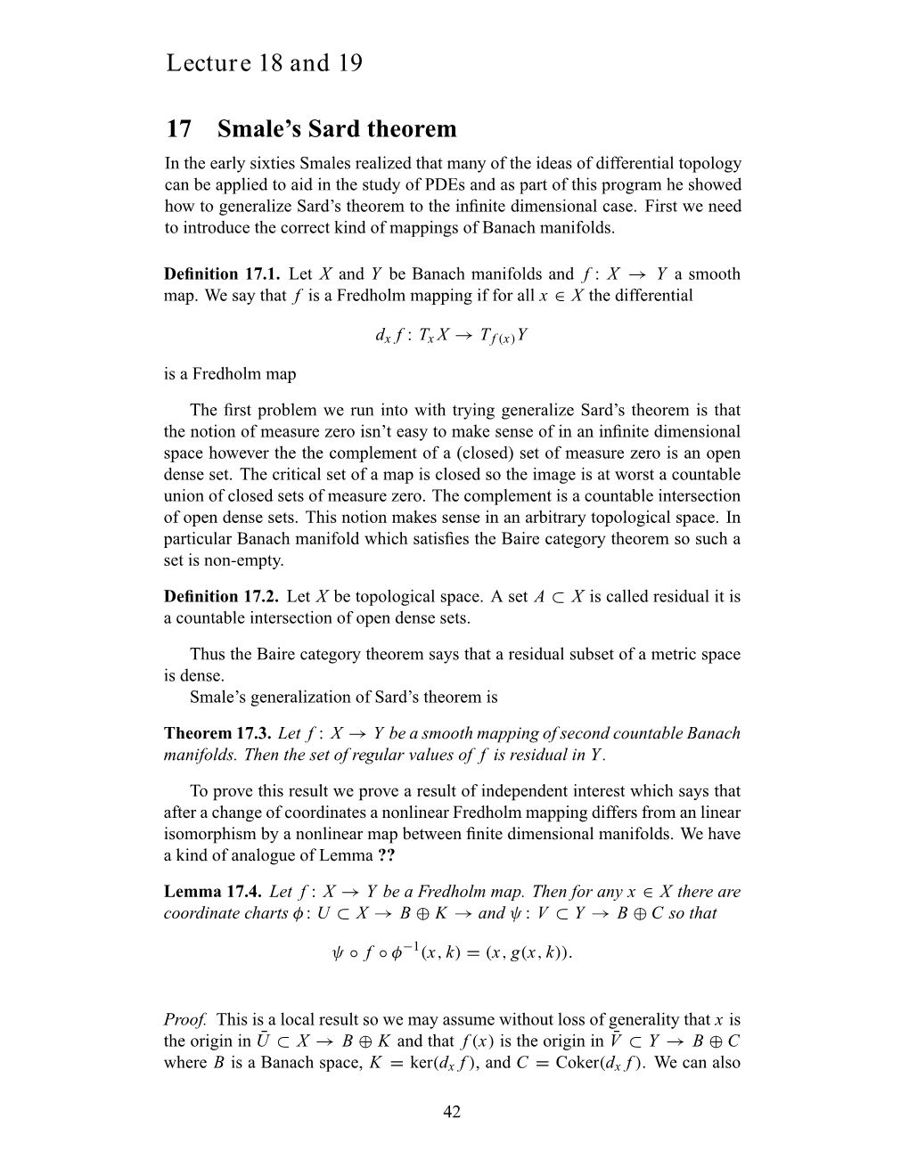 Lecture 18 and 19 17 Smale's Sard Theorem