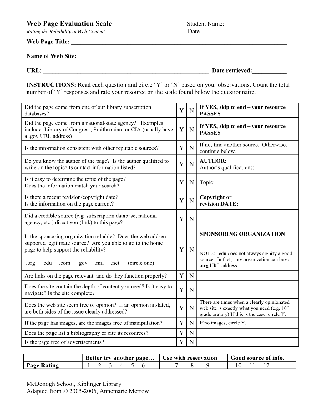 Web Page Evaluation Scale Student Name